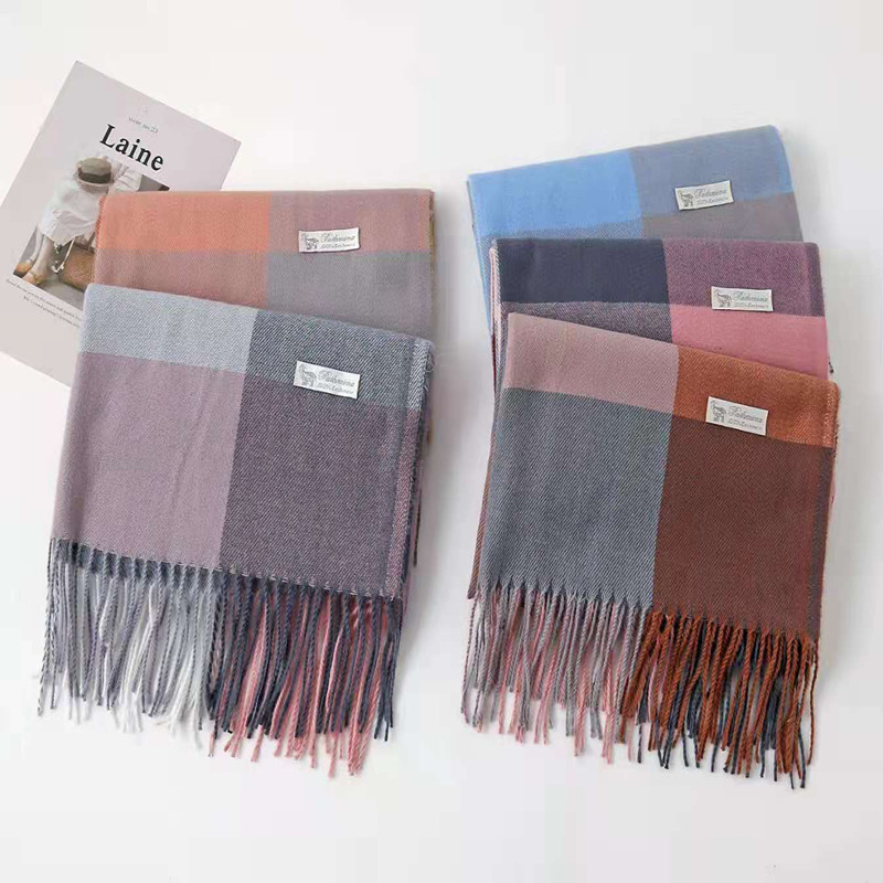 Cashmere Check Scarf Mid-length Thick Warmth Tassel Shawl