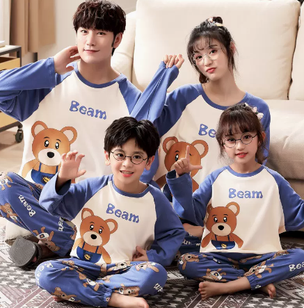 A Family Of Three Or Four Long Sleeved Cotton Pajamas Set Blue - Shop at LoveMi