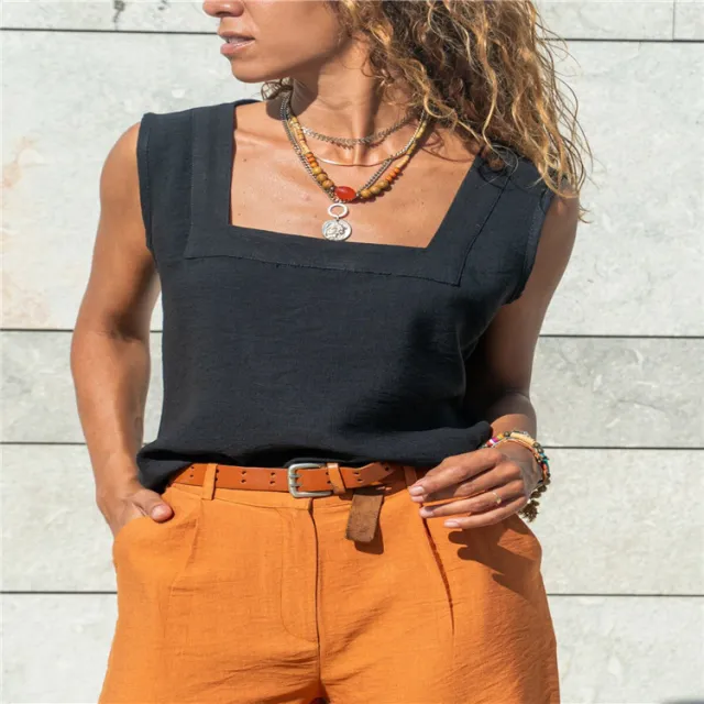 Women's Solid Color Casual Loose Sleeveless Square Neck Blouse Vest Black - Shop at LoveMi