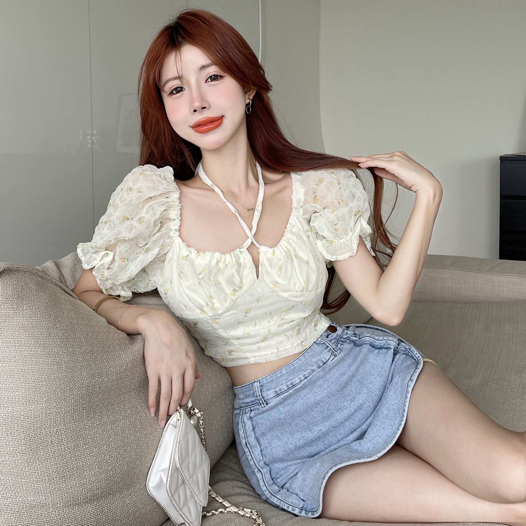French Floral Square Neck Fungus Edge Short Sleeve Shirt Women