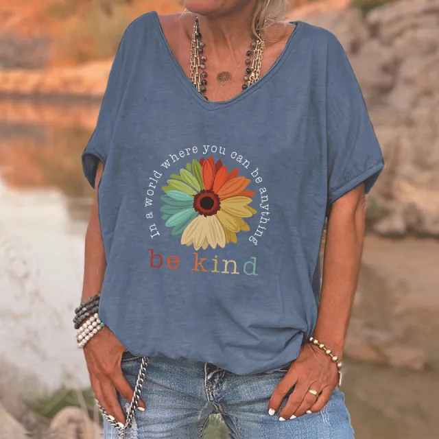 English Flower Female T shirt Printing Loose Blue - Shop at LoveMi