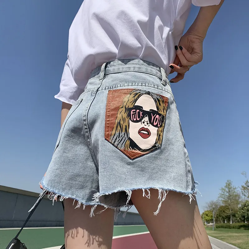 High Waist Ripped Denim Shorts Women's Personality Print - Light Color