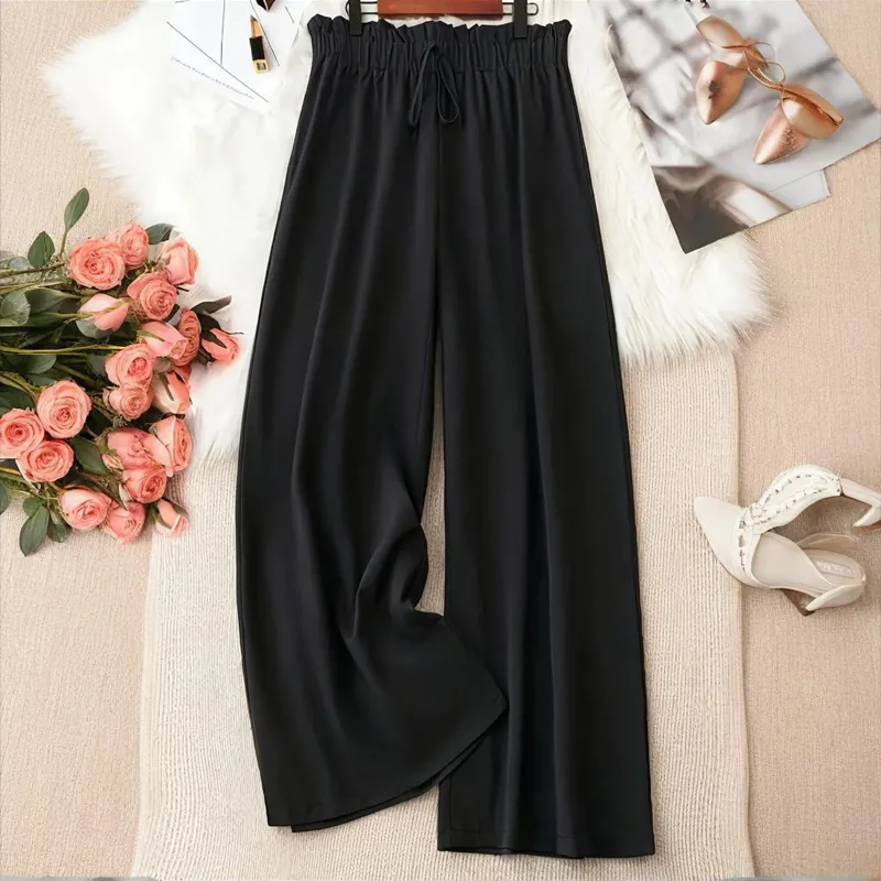 Plus Size Women's Solid Color Wide Leg Pants With Elastic Drawstring Waist - Flowy Casual For Spring&Summer - Black