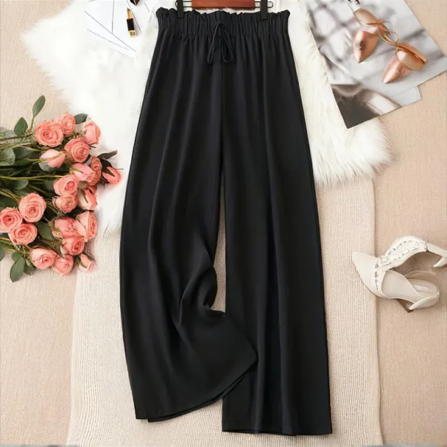 Plus Size Women's Solid Color Wide Leg Pants With Elastic Drawstring Waist Flowy Casual For Spring&Summer Black - Shop at LoveMi