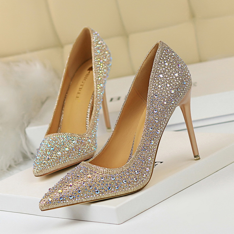 Pointed Toe Sexy Slimming Rhinestone Color Diamond High-heeled Shoes