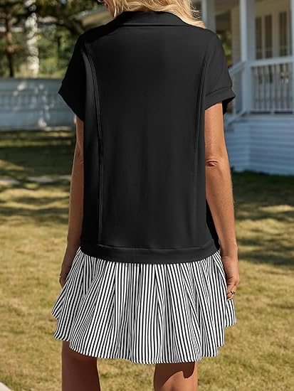 women’s patchwork striped polo v‑neck dress