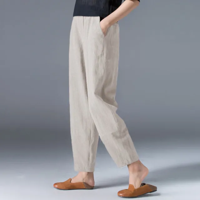 Vintage Art Nine Part Loose Thin Elastic Waist Wide Leg Pants Hemp - Shop at LoveMi
