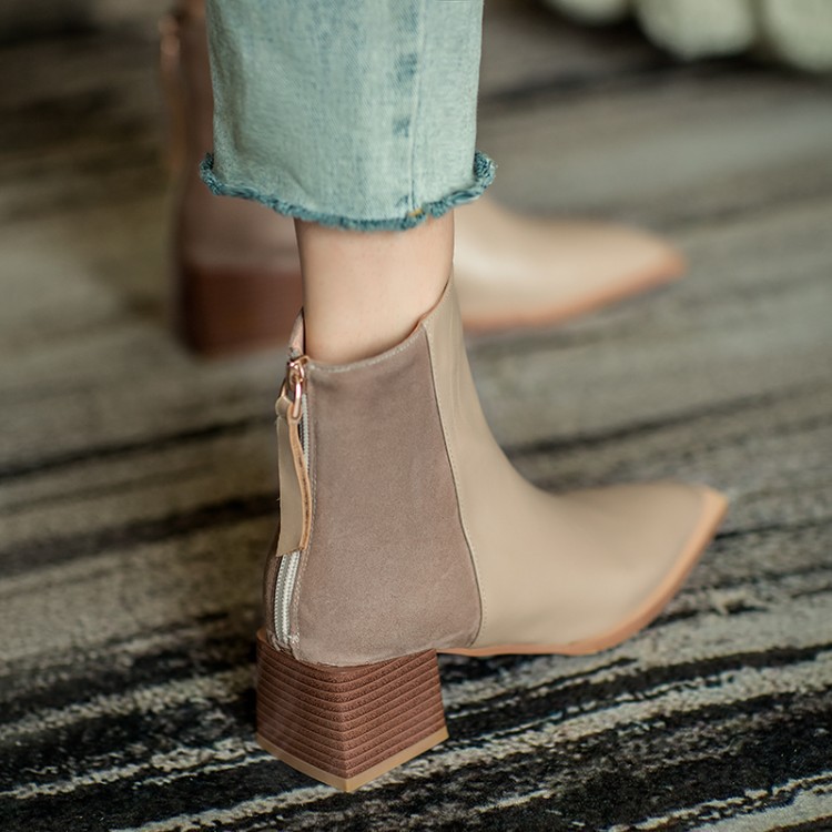 Stitched Pointed Back Zipper Mid-block Heel Ankle Boots