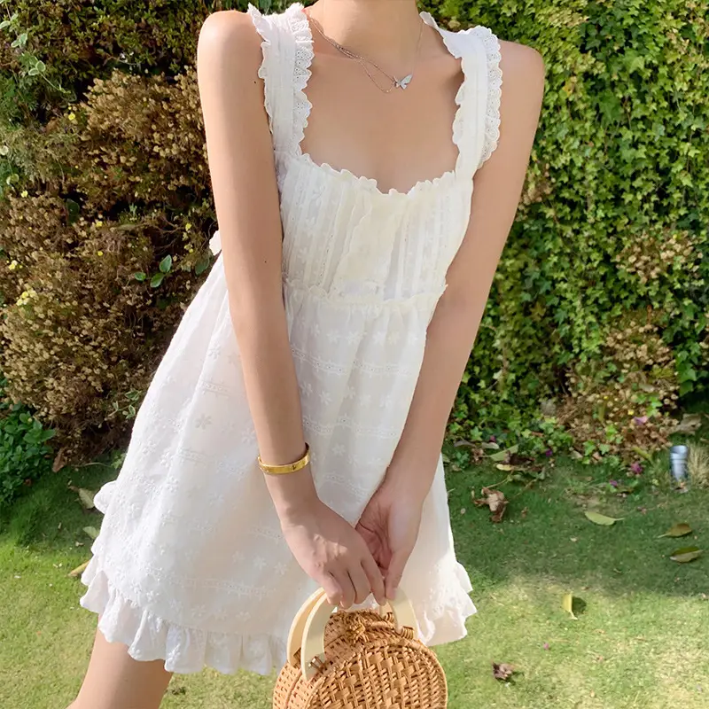 White High Waist Slip Dress With Agaric Trim