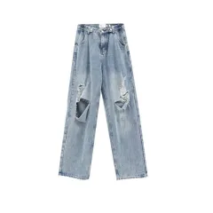 Women's American Style All Match Blue Ripped Jeans - Blue - View 1