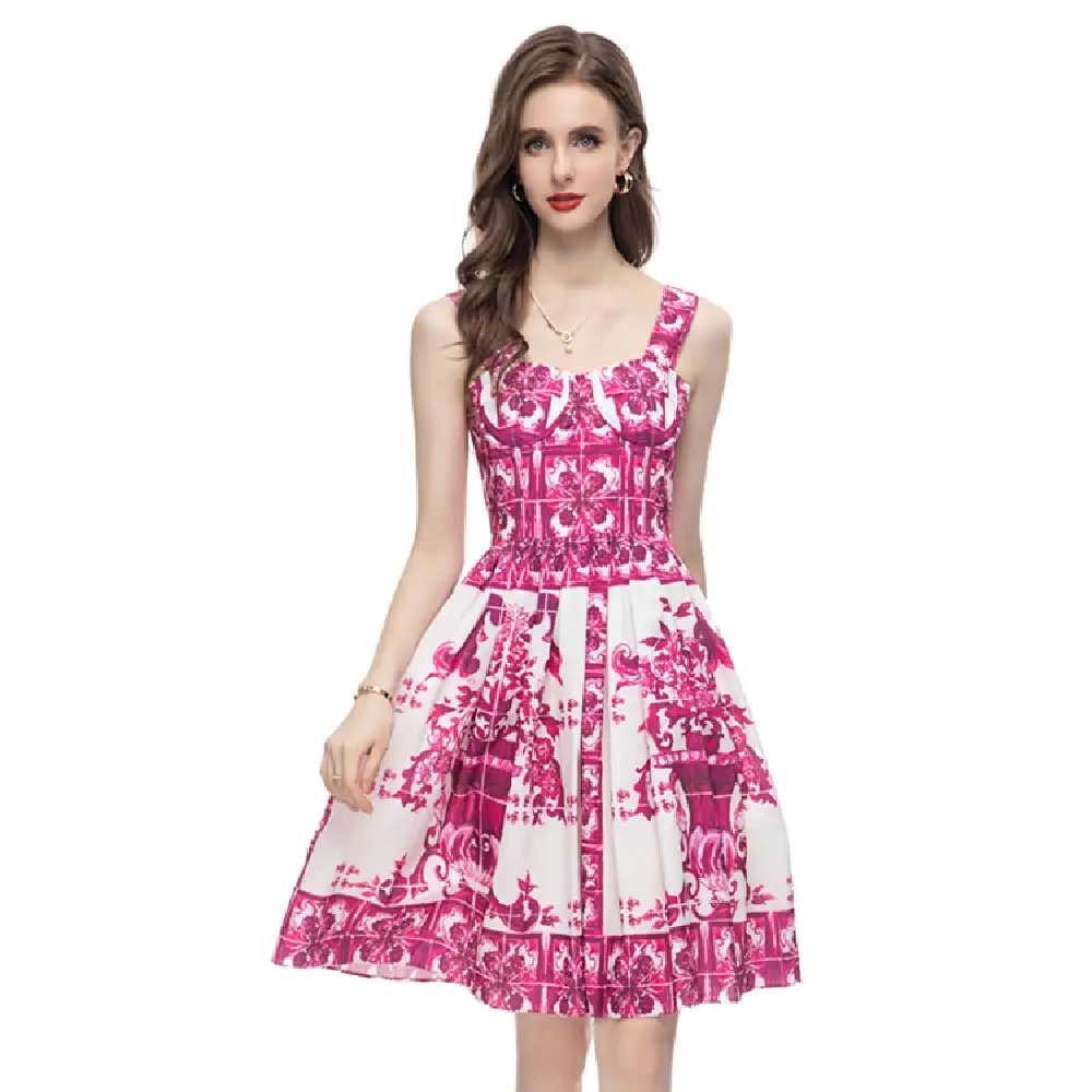 Printed Suspender Wrapped Chest Slim Waist Dress