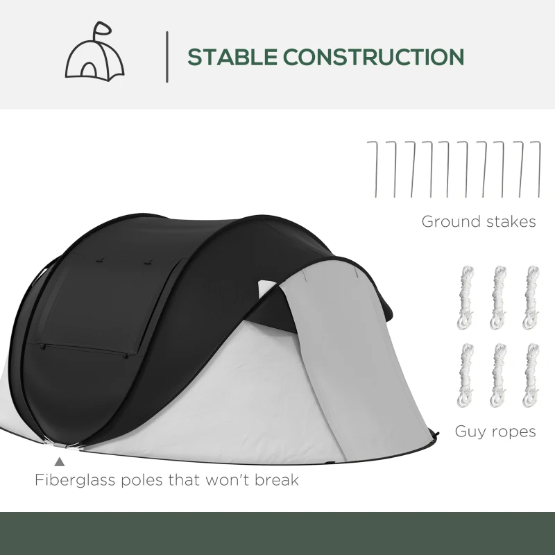 Pop Up Tent With Porch And Carry Bag, 3000mm Waterproof, For 2-3 People Camping Hiking, Black