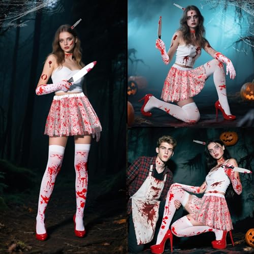 16 Pcs Halloween Tutu Skirt Costume Accessories Set, Halloween Party Accessories For Woman Include Tutu Skirt Stocking Gloves Syringe Headband Blood Necklace Tattoo Sticker 3