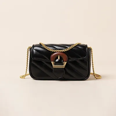 Embroidered Thread Chain Design Messenger Bag For Women Big Metal Buckle Shoulder Bag Black - Shop at LoveMi
