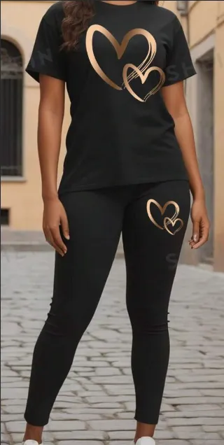 Women's Heart Printed Short Sleeve T Shirt And Leggings Set Black - Shop at LoveMi
