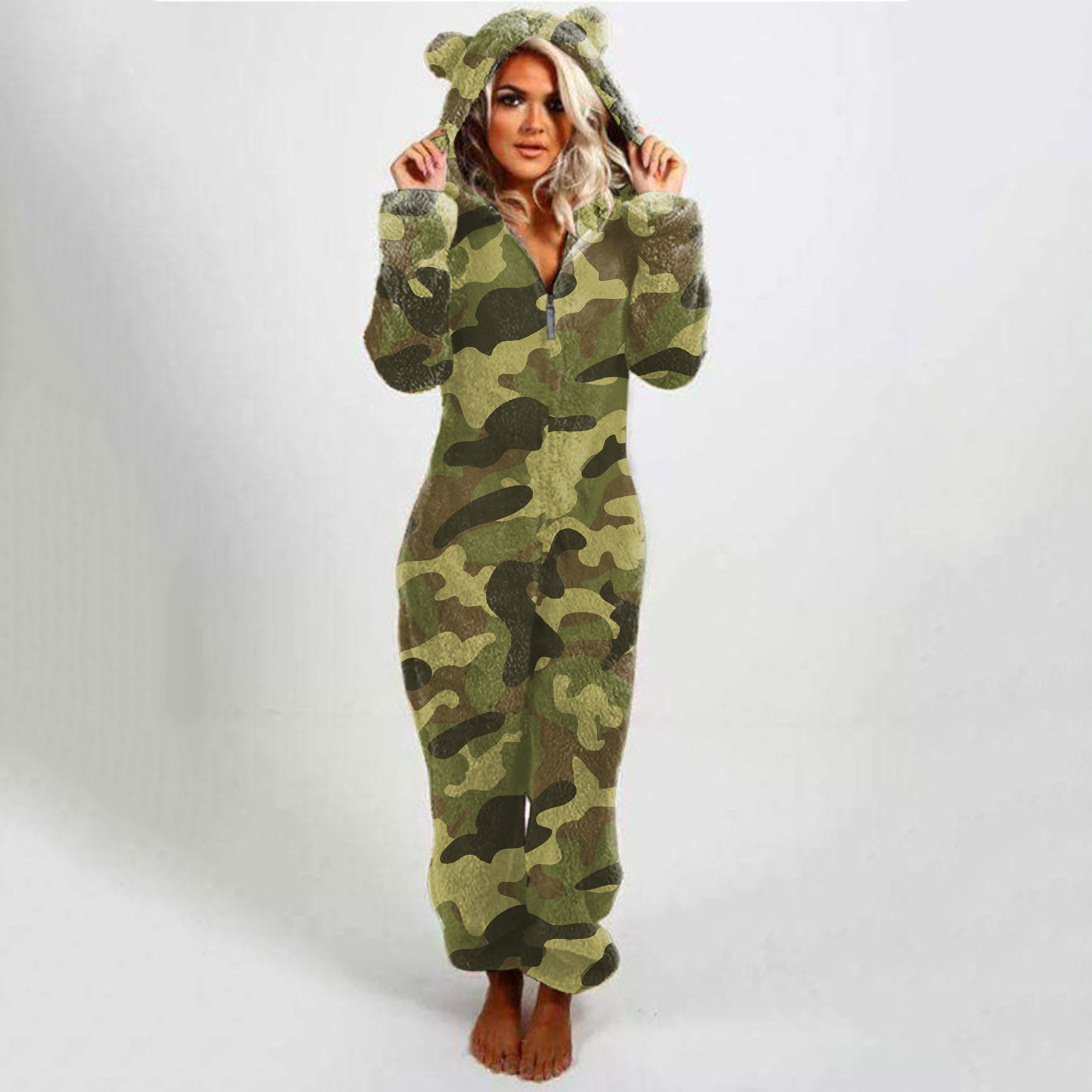 Ladies Hooded Slim fit Plaid Double sided Velvet Casual Jumpsuit Green Camouflage - Shop at LoveMi