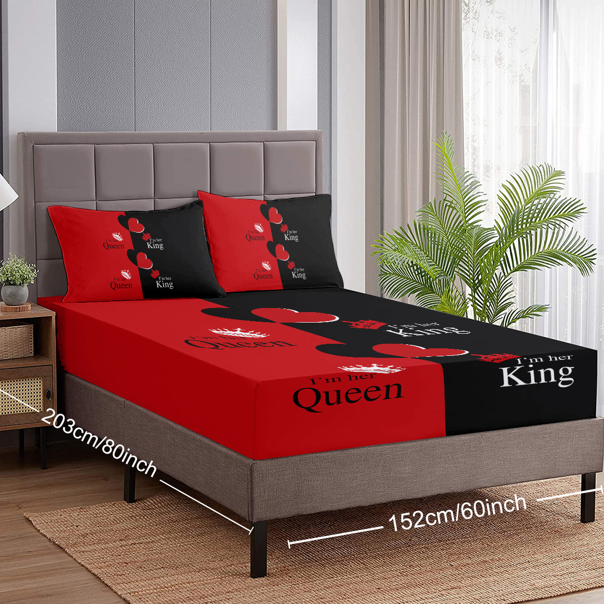 Romantic Hearts Love King And Queen Crown Bedding Set,3 Pieces Couple Fitted Sheet With 2 Pillowcases