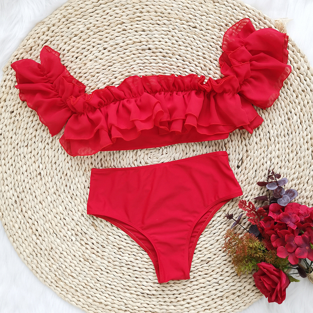 Title 2, Ruffled High Waist Bikini Solid Color One Shoul...