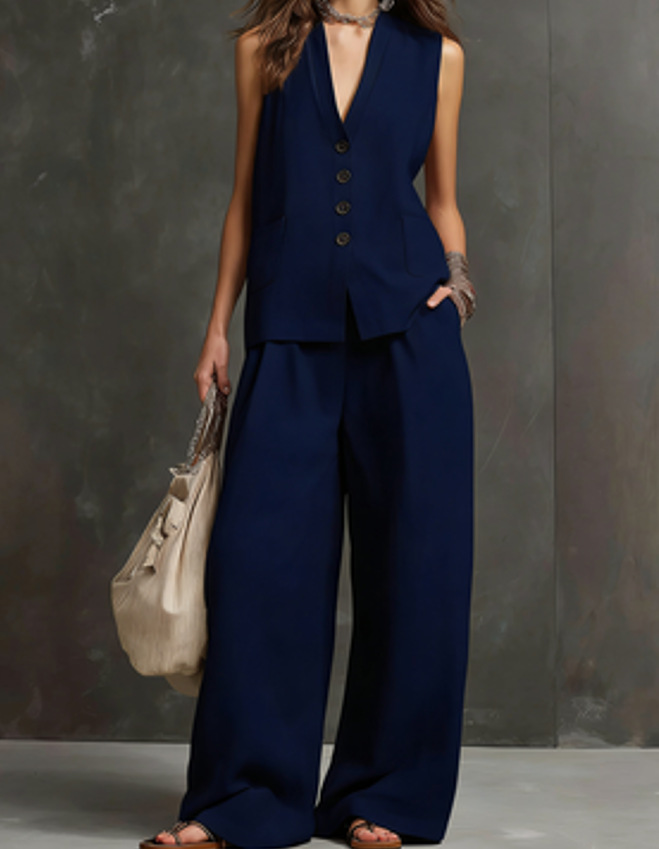 Women's Linen Vest & Wide-Leg Pants Set in Light Yellow – breathable summer two-piece outfit