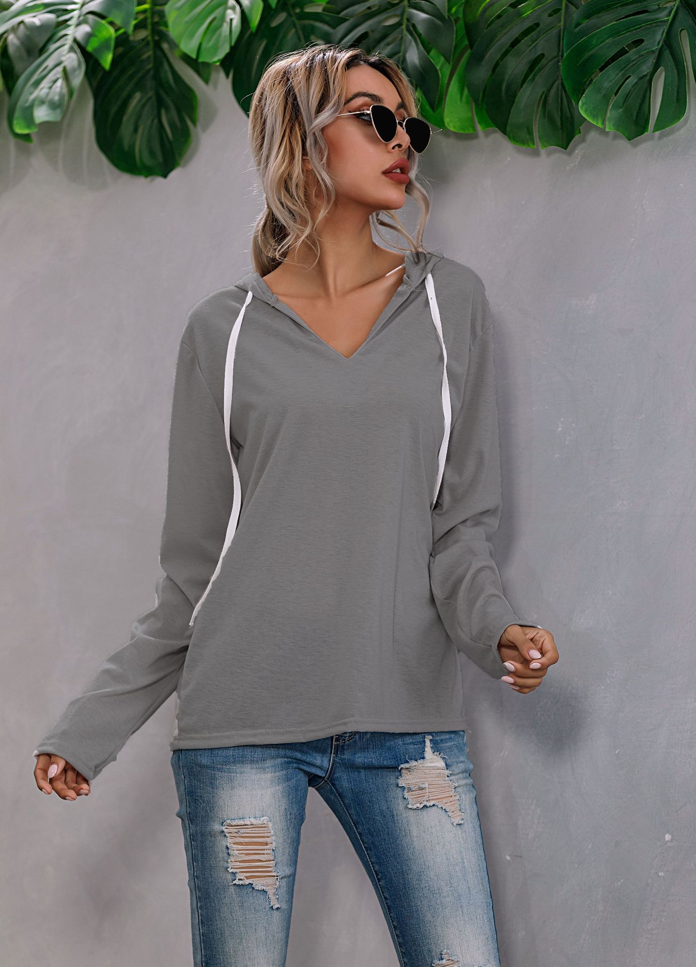 Title 4, Drawstring V-neck Fleece Bottoming Shirt Hooded...