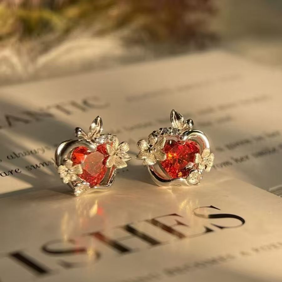 Boucles d'oreilles fleur begonia zircon rubis — style game élégant 5