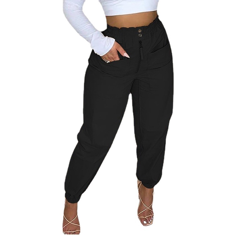 Cross Border New Product Casual Pants Waist Elastic High Waist Women's Trousers Solid Color Overalls Black A - Shop at LoveMi
