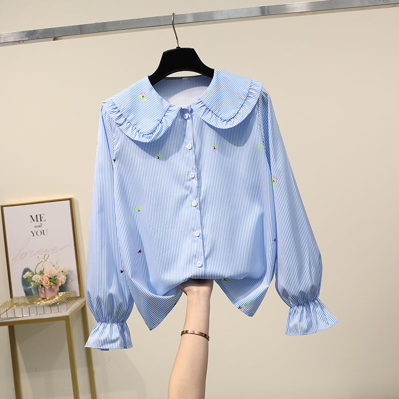 Title 7, Long Sleeve Floral Loose White Shirt Doll Collar