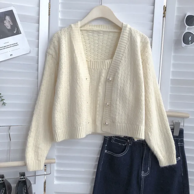 Loose Single breasted V neck Long sleeved Knit Cardigan Is Thinner With A Short Two piece Vest Apricot - Shop at LoveMi