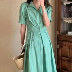 Slim Bubble Sleeve Shirt Style Dress For Women - Green - View 1