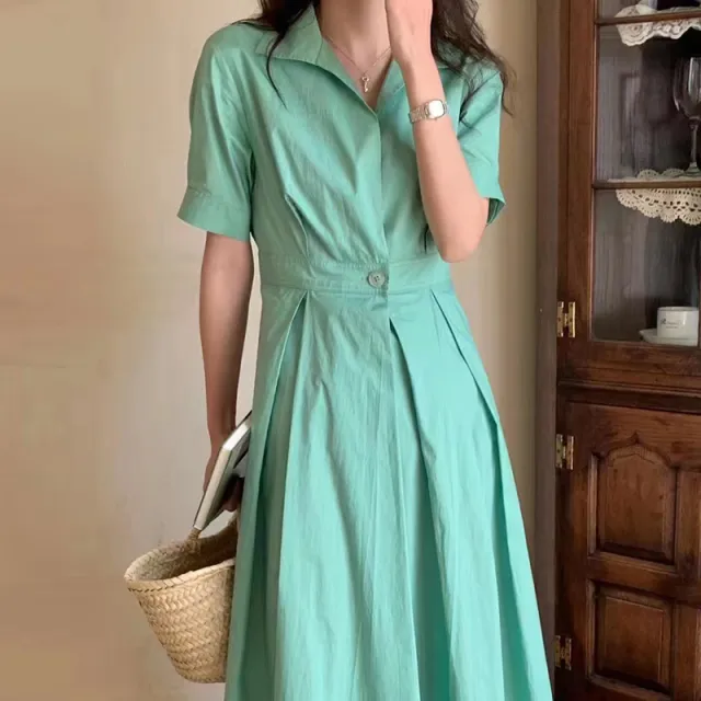 Slim Bubble Sleeve Shirt Style Dress For Women Green - Shop at LoveMi
