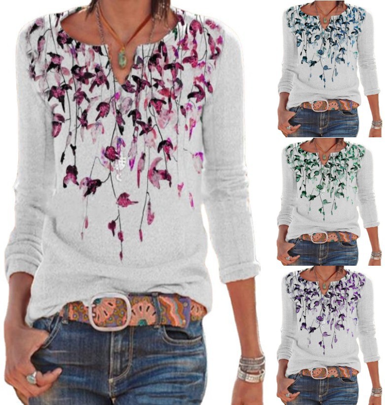 European And American Round Neck Leaves Printed V-neck Casual Loose-fitting T-shirt