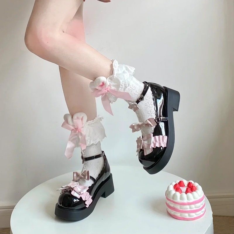 Sweet Lolita Bow Socks, White Lace Ruffle Top Crew Socks, Kawaii Coquette Socks With Bow For Anime Cosplay & Daily Wear