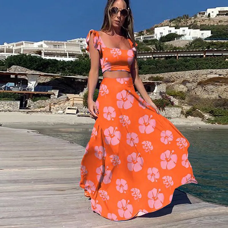 Flower Sleeveless Dress Two Piece Set - Orange
