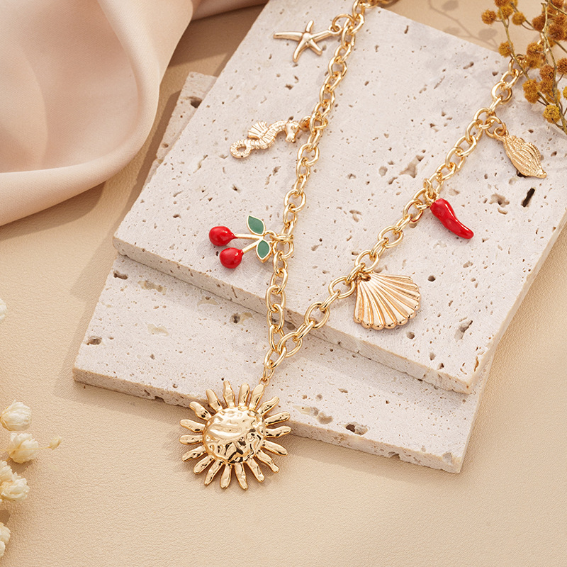 Women's Summer Starfish Necklace With Sun, Shell, Seahorse  Cherry Charms  Multi-Element Pendant Jewelry