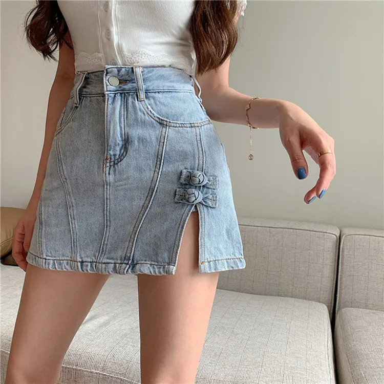 Side Slit Denim Bag Hip Skirt Female High Waist Was Thin - Blue