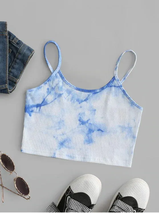 Ink Tie dye Printing Hanging Wide Loose Short Thread Elastic Small Sling Blue - Shop at LoveMi