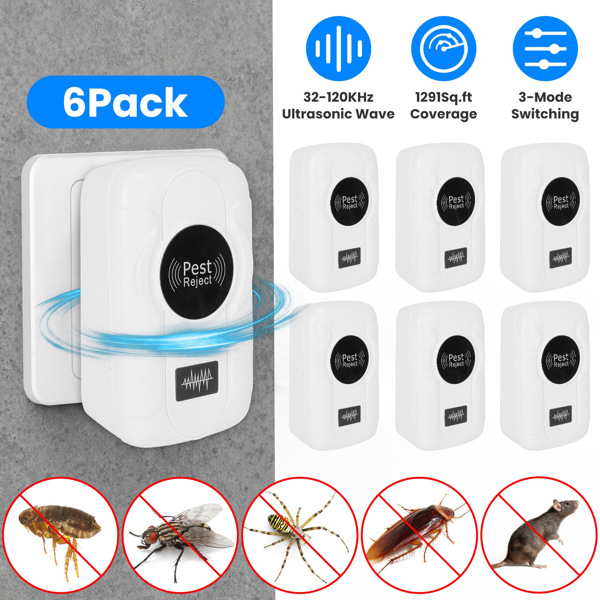 6-Pack Ultrasonic Insect Repellent - Dual Sound-Wave Tech, 3-Mode Switch, 32 - 120kHz Frequencies, Ideal for Full Home Coverage, Safe for Home with Kids - Plug-in Indoor Bug & Rodent Repeller-12