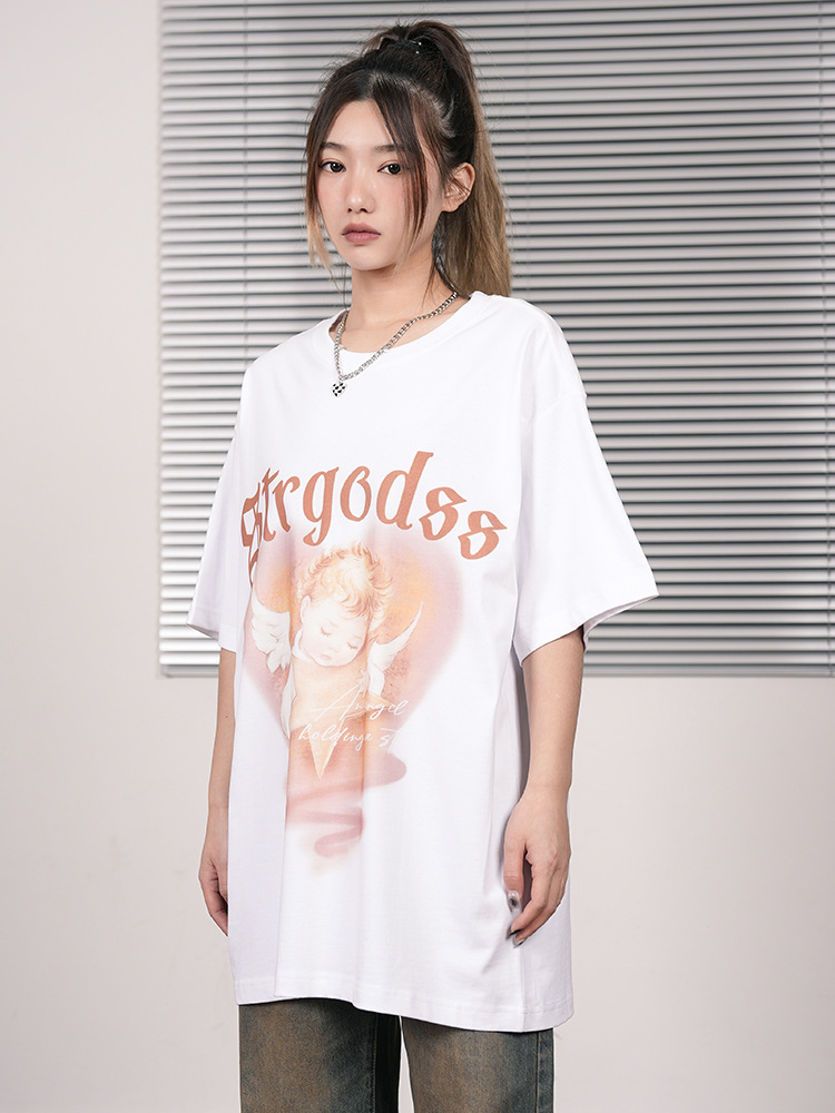 Summer Heavy American Retro Street Overesize Angel Print T-shirt