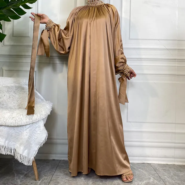 Satin Dress With White Pearl Neck And Cuffs Gold - Shop at LoveMi