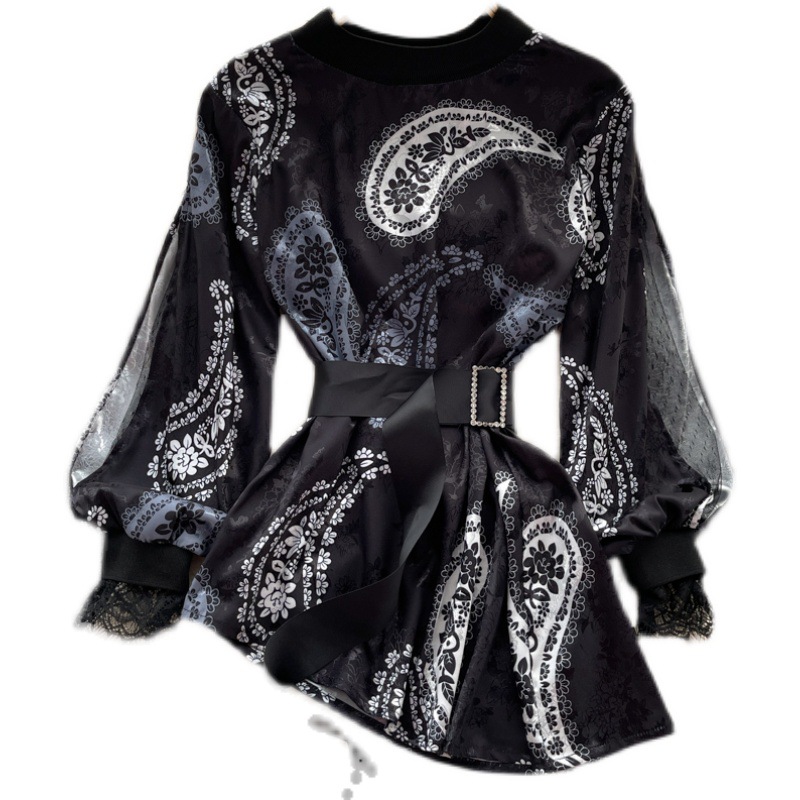 French Retro Sense Waist Slimming Lace Stitching Shirt Women