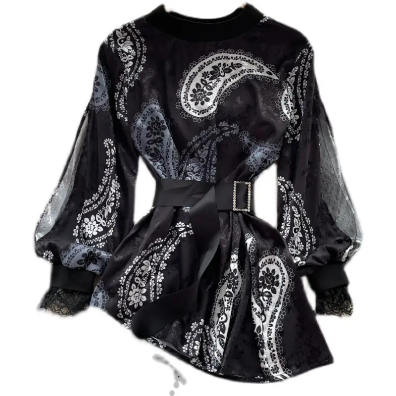 French Retro Sense Waist Slimming Lace Stitching Shirt Women