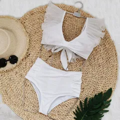 High Waist Women Swimsuit Bandage Bikinis Set - White - View 1