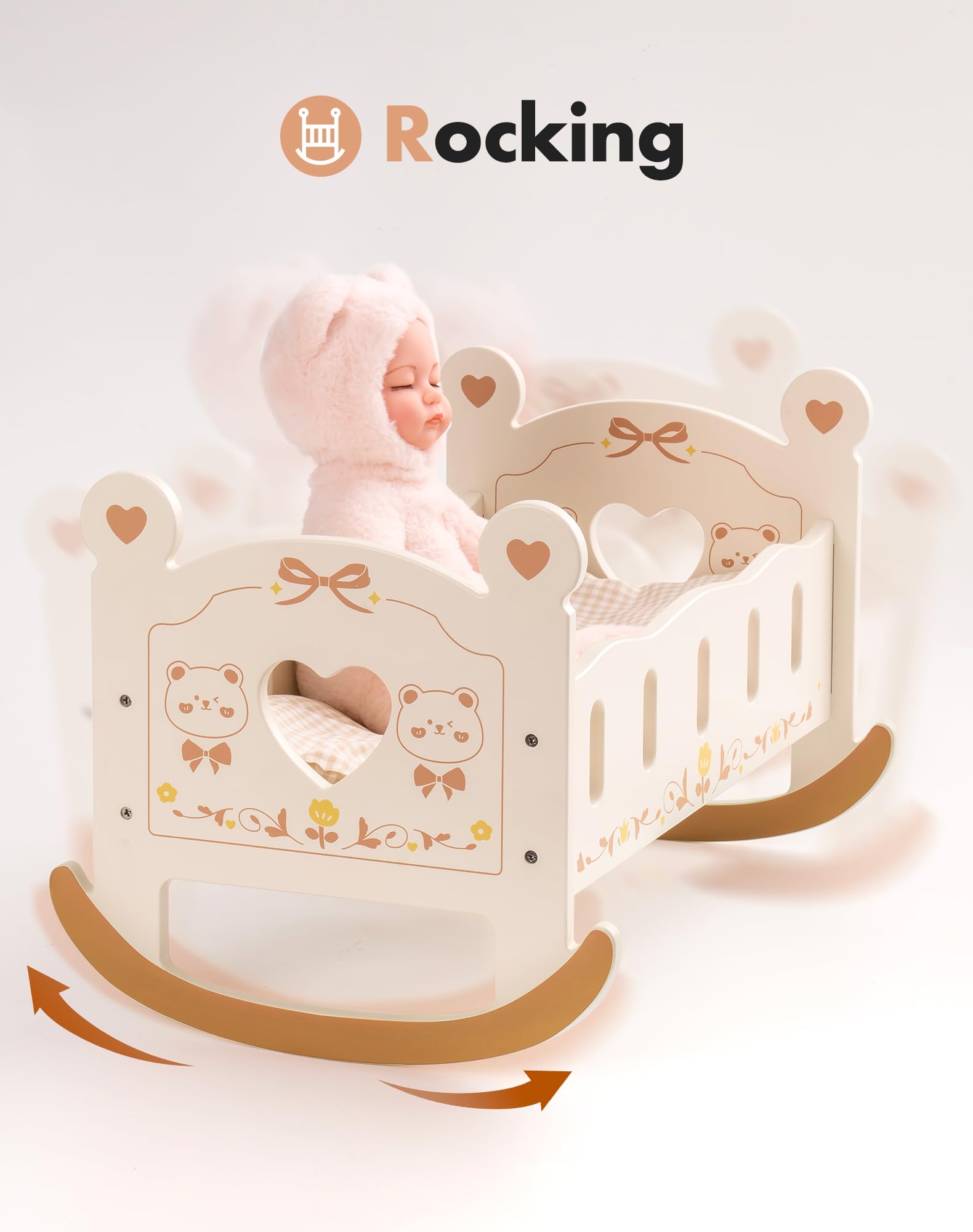 wooden baby doll cradle with bedding for 18 inch dolls