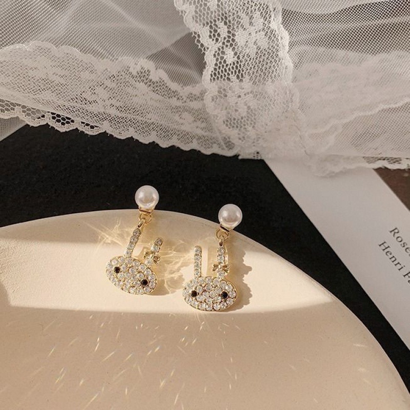 925 Silver Needle Full Drill Earnails Pearl Cute Personality Girl Heart Rabbit