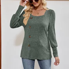 Women's Square Neck Tunic Top - Loose Fit Side Slit Long Sleeve Blouse With Button Decor - Army Green - View 1