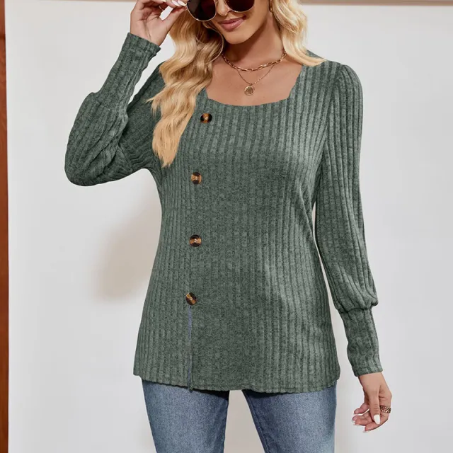 Women's Square Neck Tunic Top Loose Fit Side Slit Long Sleeve Blouse With Button Decor Army Green - Shop at LoveMi