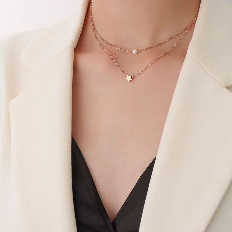 Double-stacked Five-pointed Star Pendant Imitation Pearl Necklace