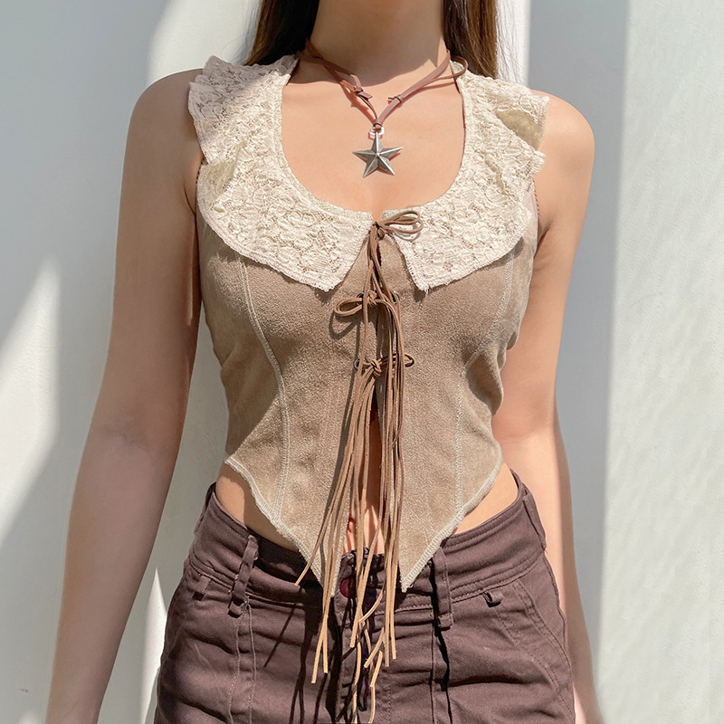Rural Ancient Lace Stitching Tied Vest For Women