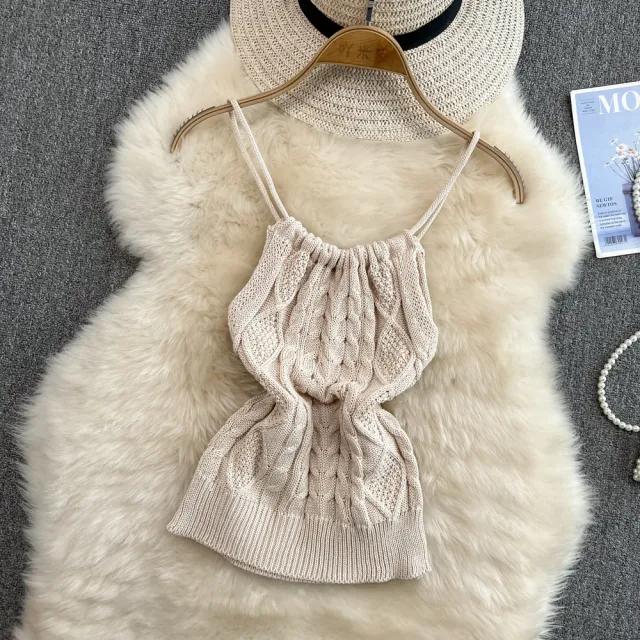 Summer Knitted Western Style Vest Suspenders Sleeveless Oatmeal - Shop at LoveMi