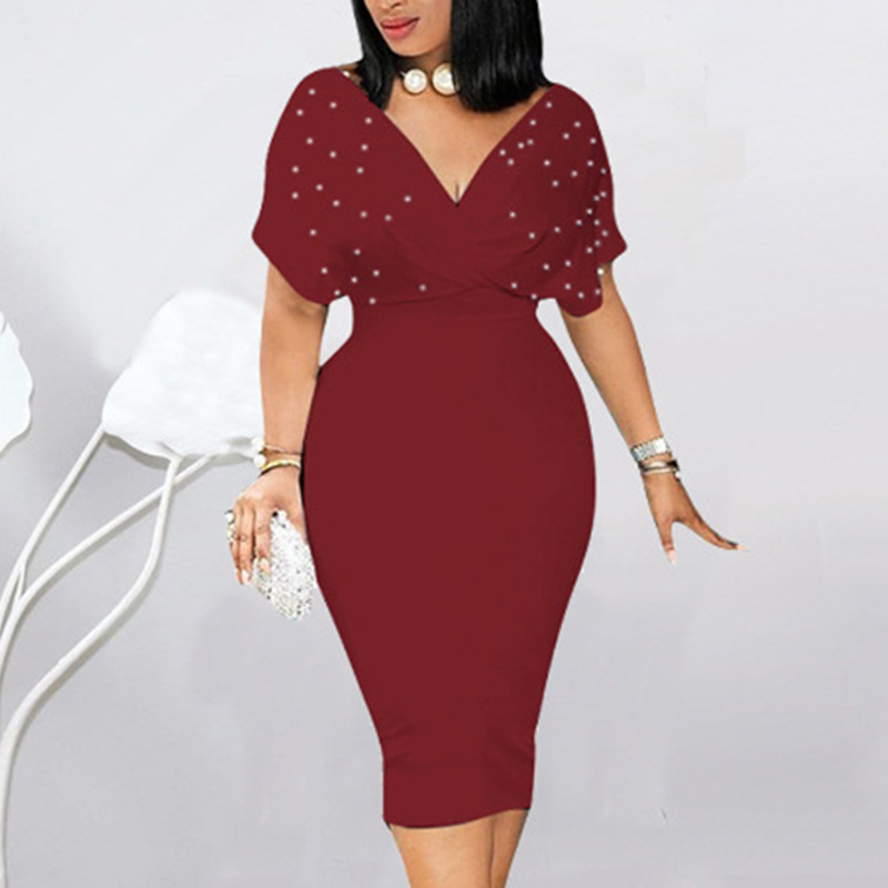Women's Elegant Deep V Neck Wrap Bodycon Dress Back Zipper Pencil Midi Dress - Image 3